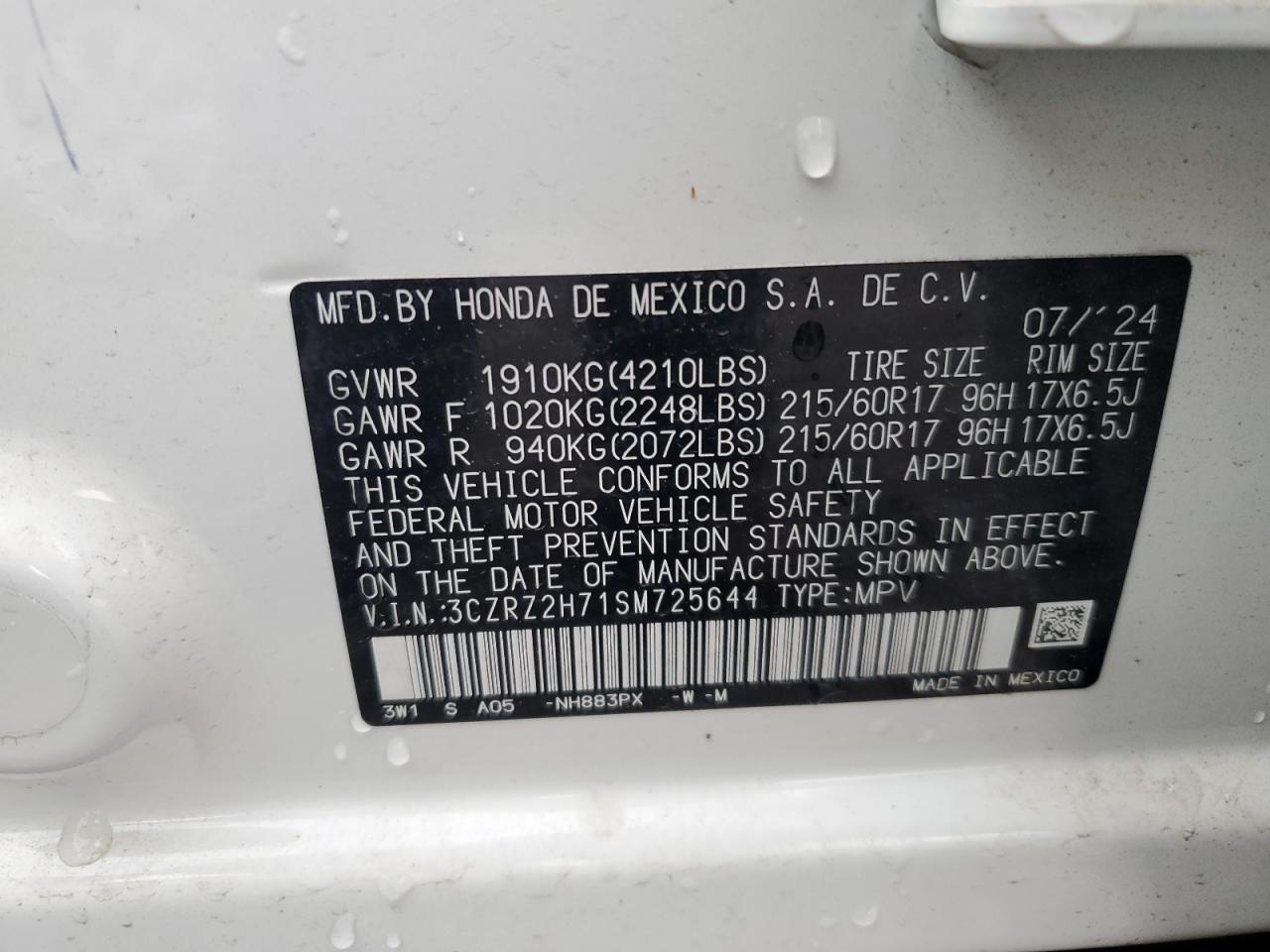 2025 Honda Hr-V Exl VIN: 3CZRZ2H78SM712602 Lot: 59466545