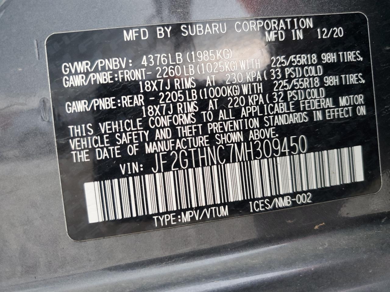 2021 Subaru Crosstrek Limited VIN: JF2GTHNC7MH309450 Lot: 62754885
