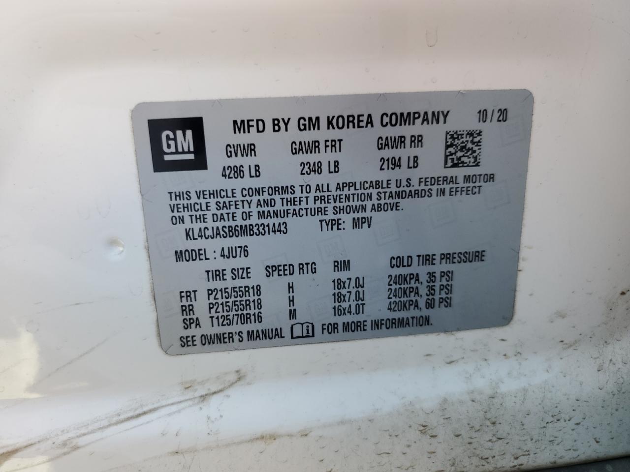 2021 Buick Encore Preferred VIN: KL4CJASB6MB331443 Lot: 63101605