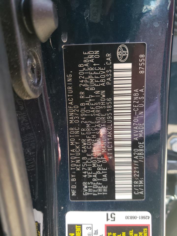 2020 Toyota Camry Le VIN: 4T1C11AK0LU951856 Lot: 61441435