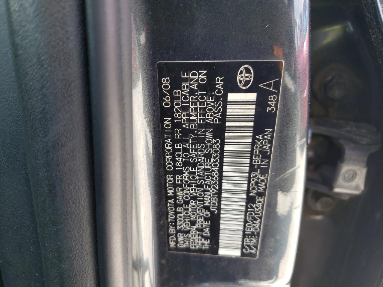 2008 Toyota Yaris VIN: JTDBT923684033083 Lot: 62740425