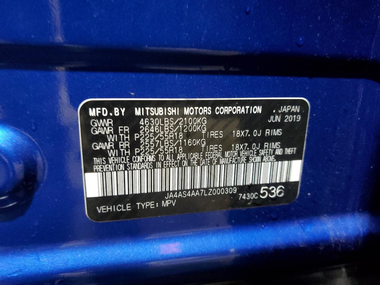 2020 Mitsubishi Eclipse Cross Le VIN: JA4AS4AA7LZ000309 Lot: 53472545