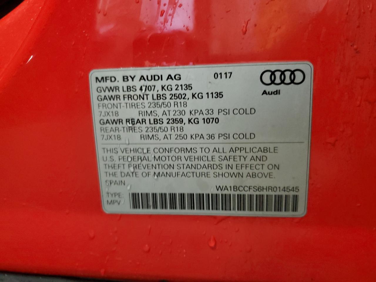 2017 Audi Q3 Premium VIN: WA1BCCFS6HR014545 Lot: 61142415