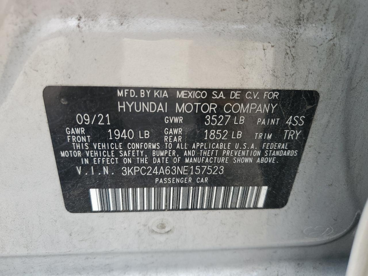 2022 Hyundai Accent Se VIN: 3KPC24A63NE157523 Lot: 61100175