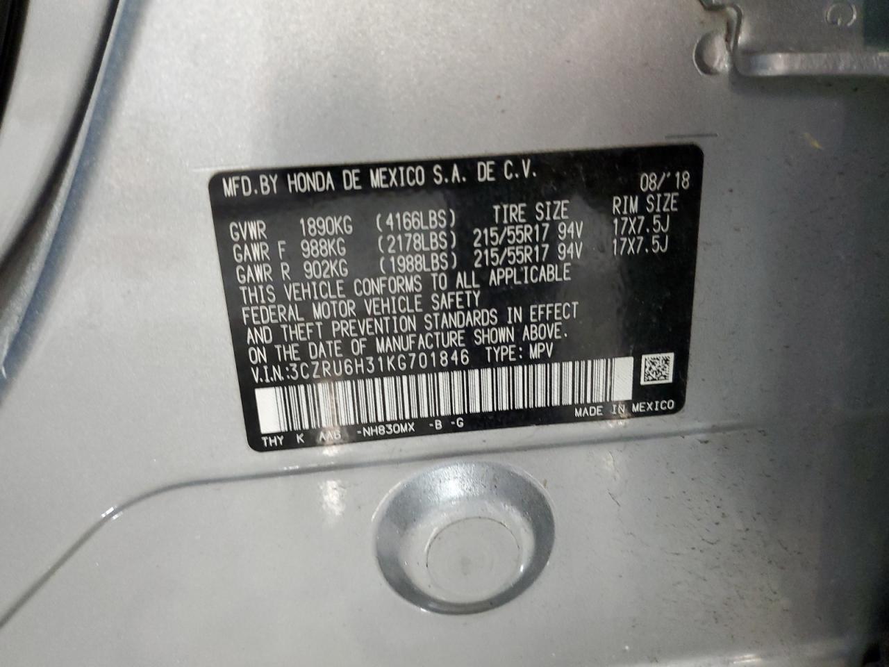 2019 Honda Hr-V Lx VIN: 3CZRU6H31KG701846 Lot: 60210795