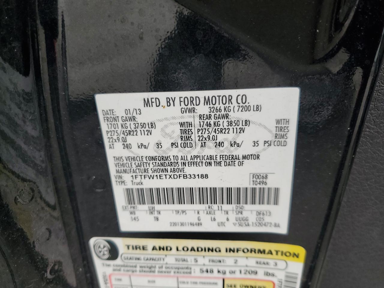 2013 Ford F150 Supercrew VIN: 1FTFW1ETXDFB33188 Lot: 61482845