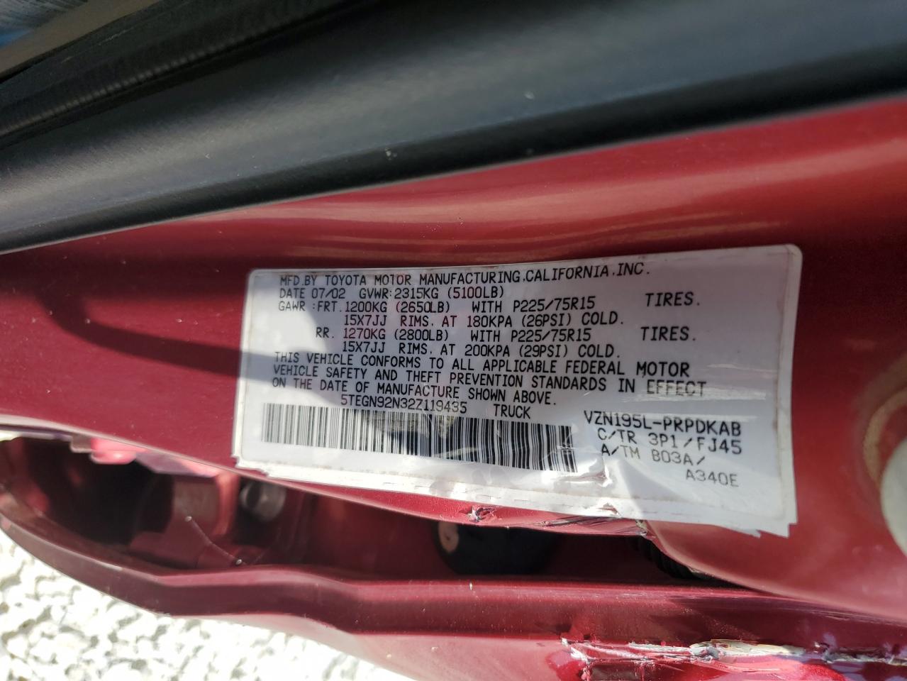 2002 Toyota Tacoma Double Cab Prerunner VIN: 5TEGN92N32Z119435 Lot: 62093355