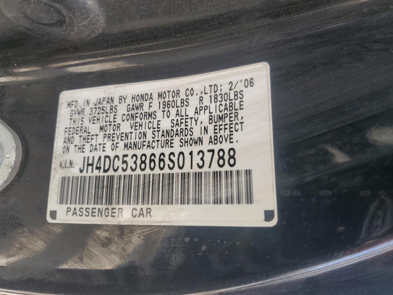 2006 Acura Rsx VIN: JH4DC53866S013788 Lot: 60443575