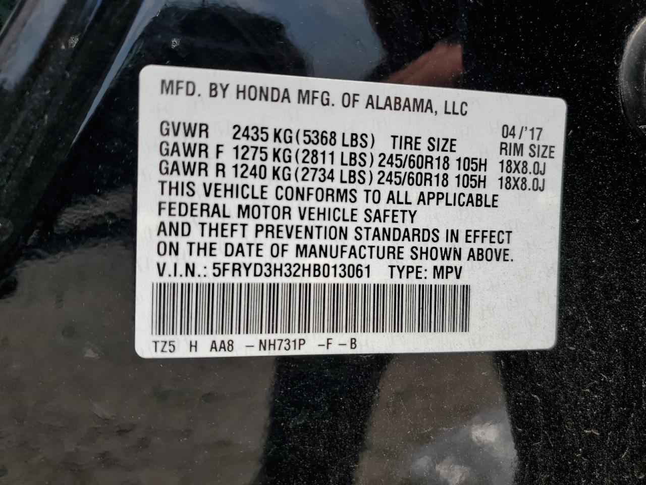 2017 Acura Mdx VIN: 5FRYD3H32HB013061 Lot: 62170795