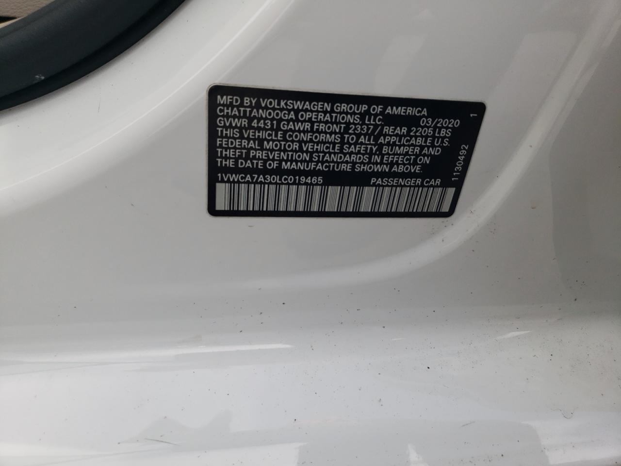 2020 Volkswagen Passat Sel VIN: 1VWCA7A30LC019465 Lot: 61363715