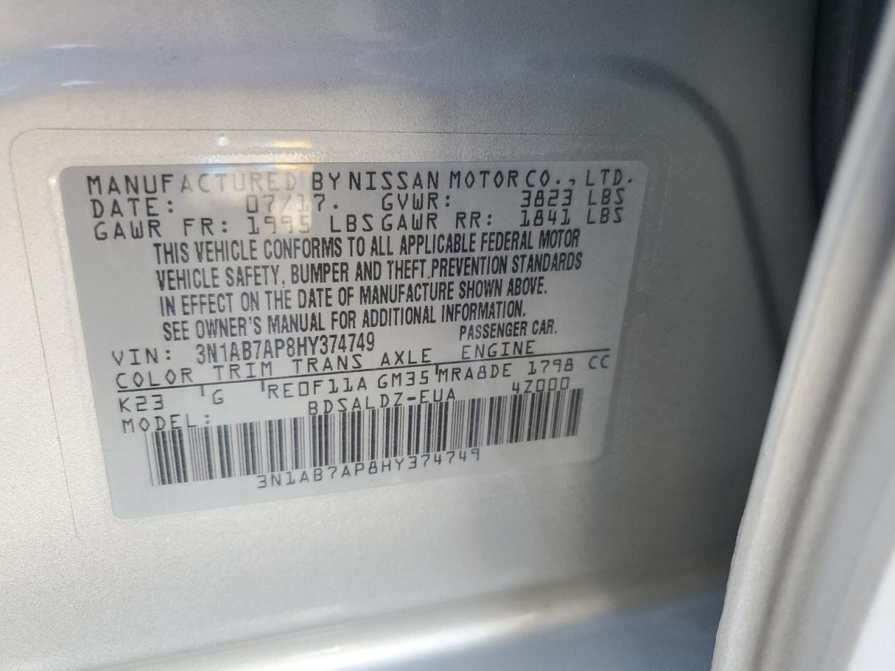 2017 Nissan Sentra S VIN: 3N1AB7AP8HY374749 Lot: 61614535