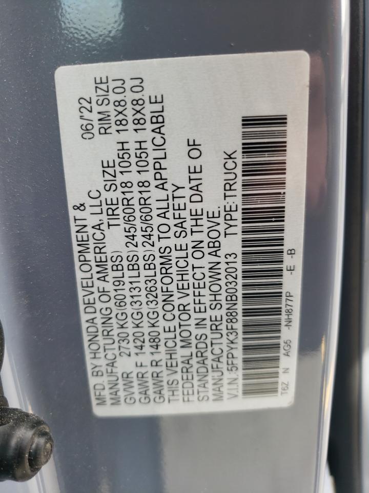 2022 Honda Ridgeline Black Edition VIN: 5FPYK3F88NB032013 Lot: 61106275