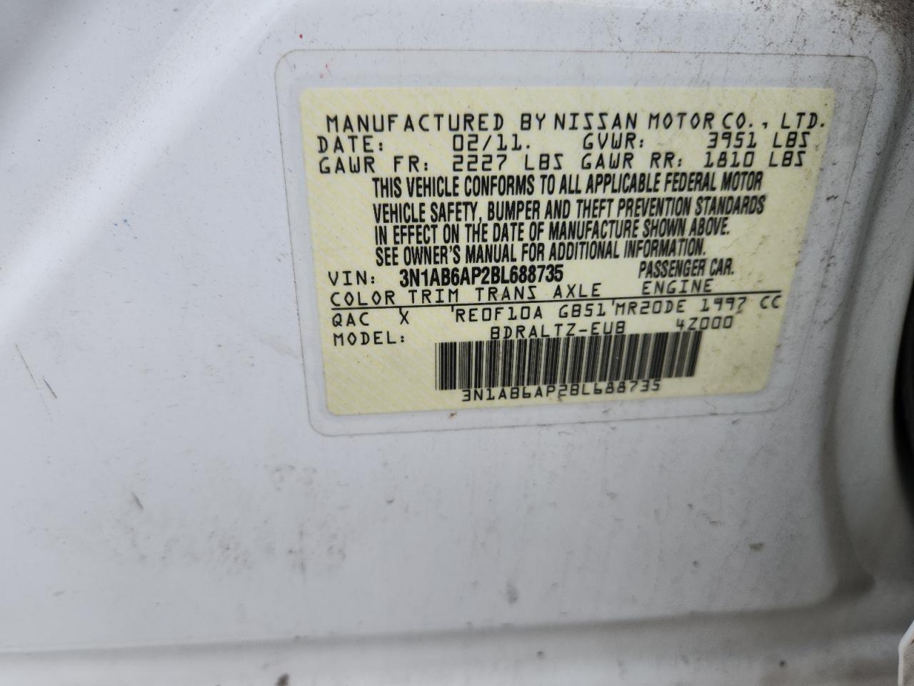 2011 Nissan Sentra 2.0 VIN: 3N1AB6AP2BL688735 Lot: 61795085
