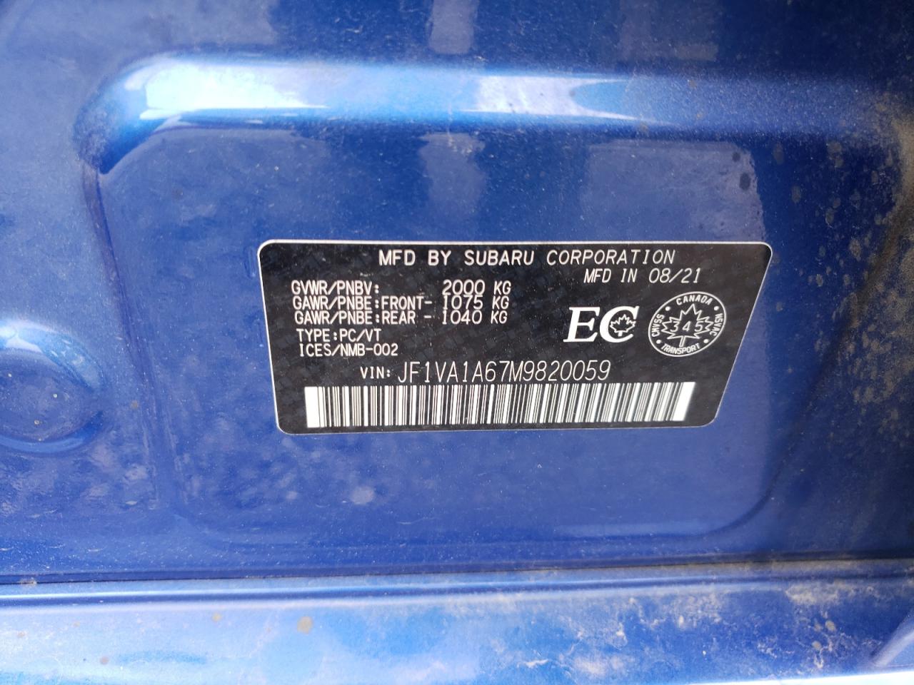 2021 Subaru Wrx VIN: JF1VA1A67M9820059 Lot: 62379695