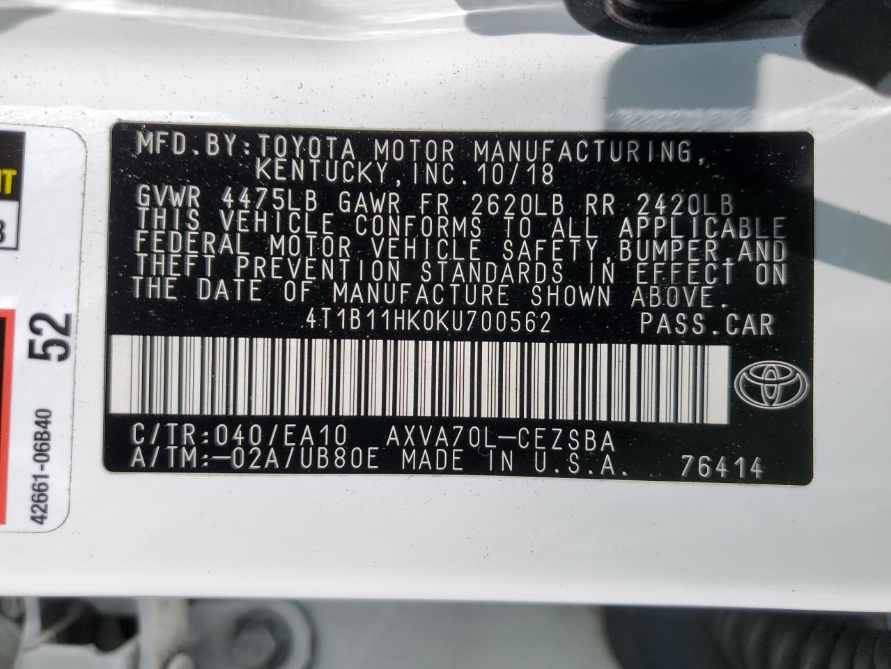 2019 Toyota Camry L VIN: 4T1B11HK0KU700562 Lot: 62881735