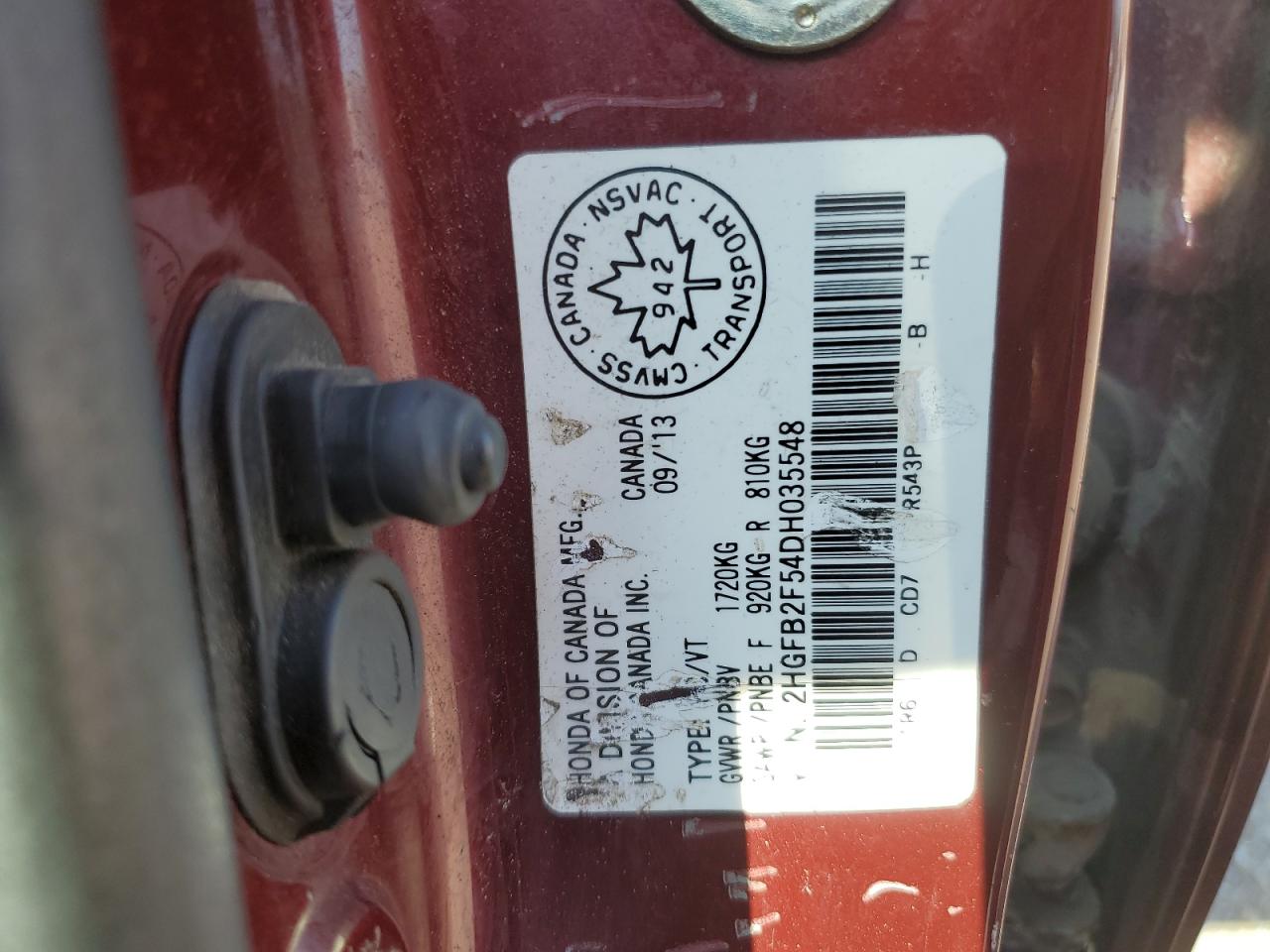 2013 Honda Civic Lx VIN: 2HGFB2F54DH035548 Lot: 62116205