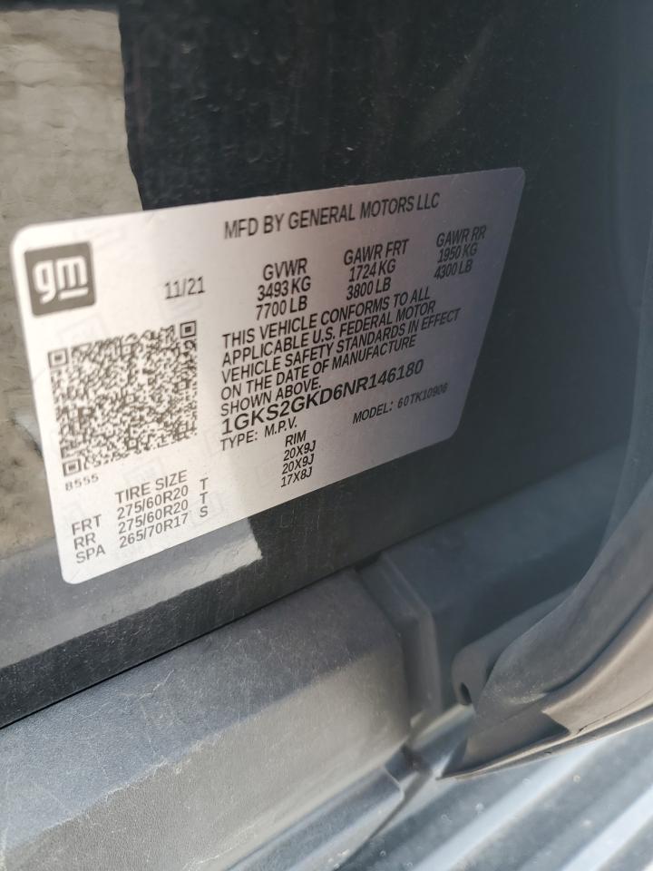 2022 GMC Yukon Xl K1500 Slt VIN: 1GKS2GKD6NR146180 Lot: 62696855