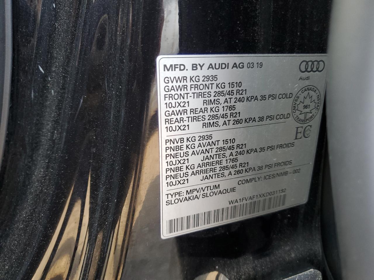 2019 Audi Q8 Prestige S-Line VIN: WA1FVAF1XKD031182 Lot: 61795215