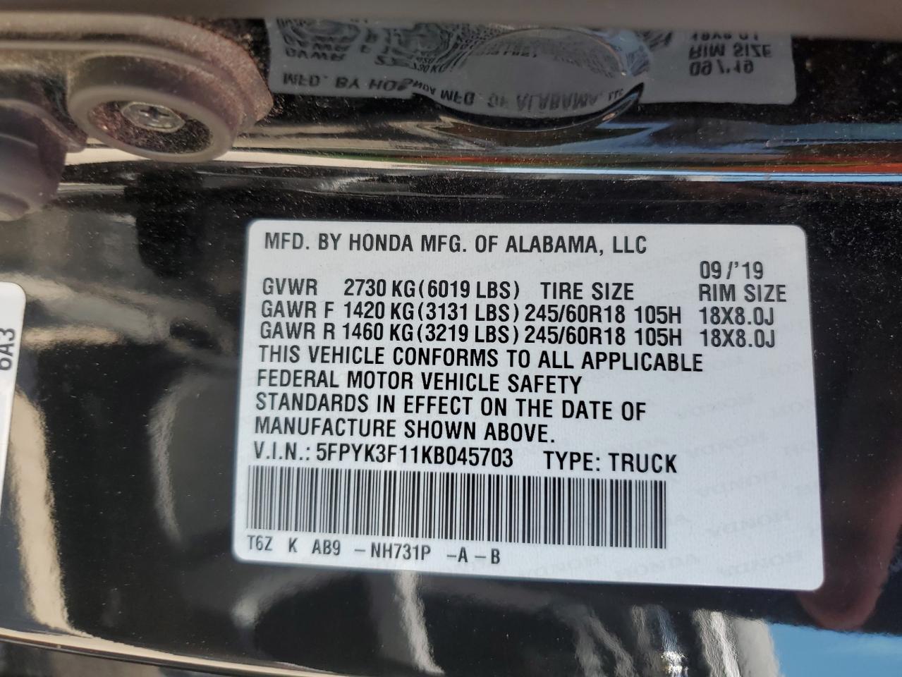 5FPYK3F11KB045703 HONDA RIDGELINE 2019