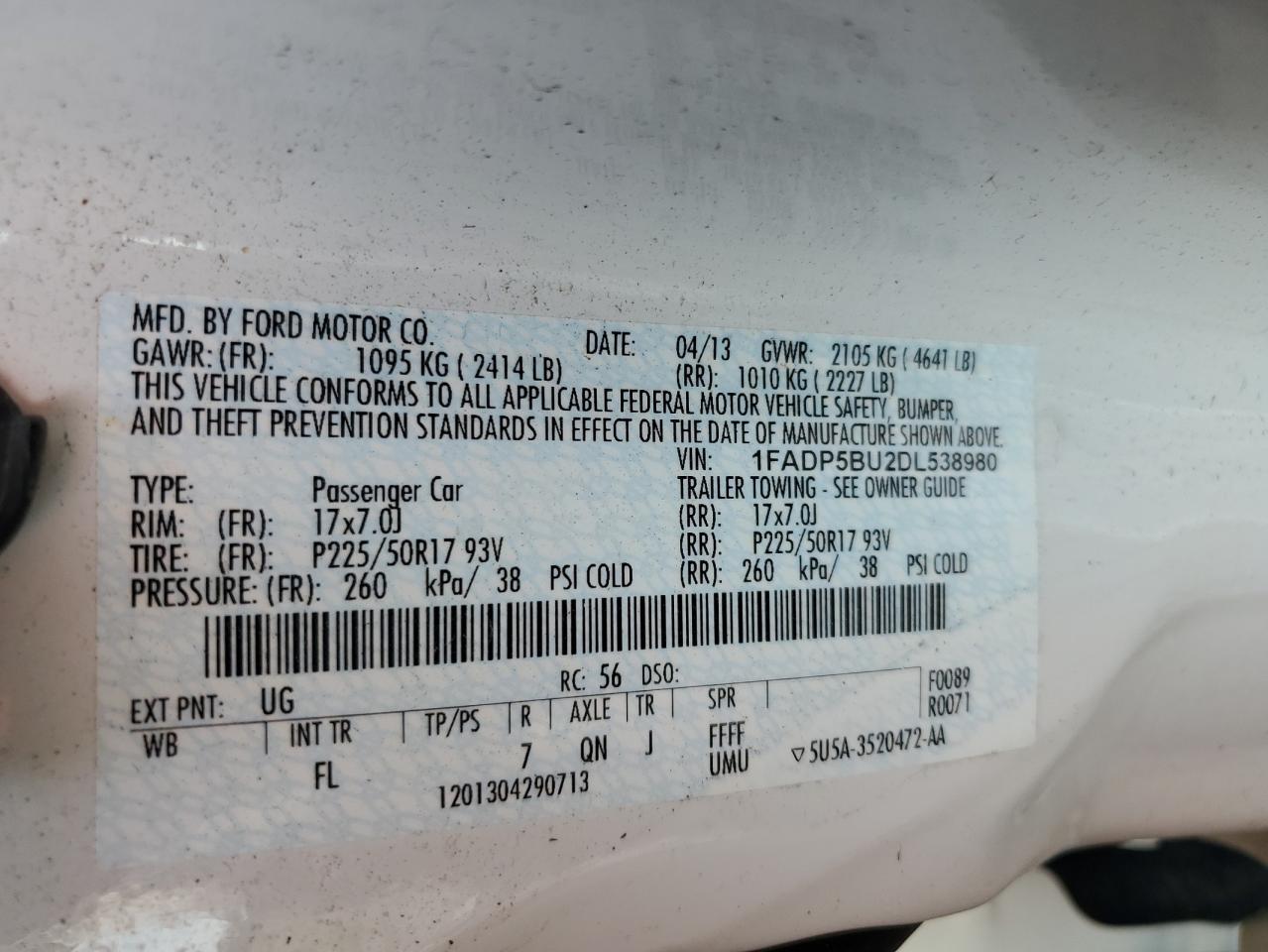 2013 Ford C-Max Sel VIN: 1FADP5BU2DL538980 Lot: 62175125