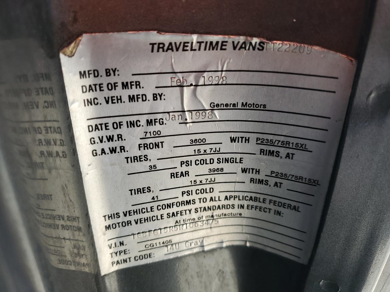 1998 Chevrolet Express G1500 VIN: 1GBFG15R5W1063475 Lot: 60685705
