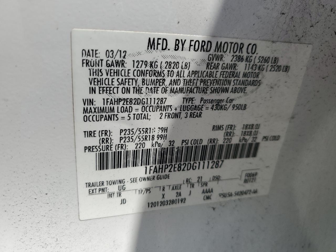 FORD TAURUS 2013 VIN 1FAHP2E82DG111287 photo 13