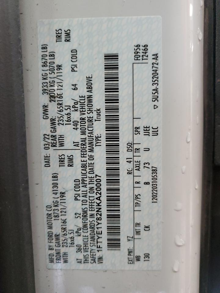 2022 Ford Transit T-150 VIN: 1FTYE1Y82NKA20007 Lot: 60714995
