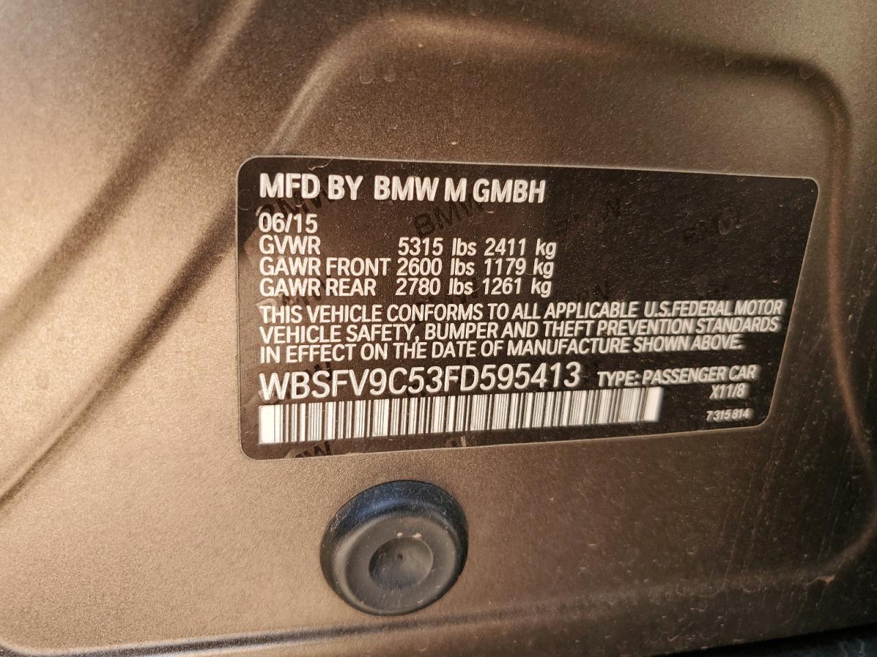 2015 BMW M5 VIN: WBSFV9C53FD595413 Lot: 62760625