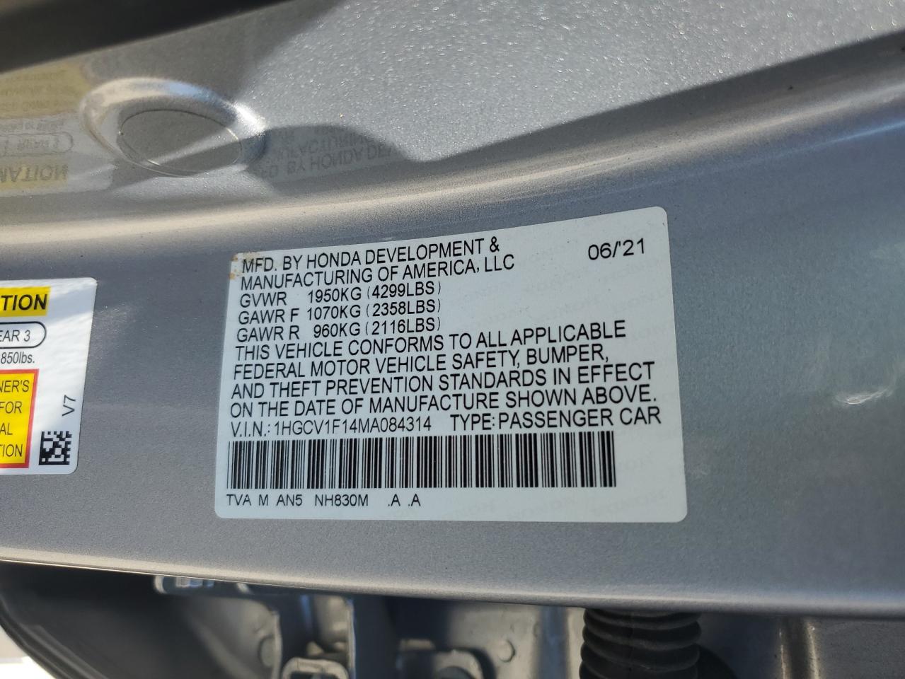 2021 Honda Accord Lx VIN: 1HGCV1F14MA084314 Lot: 62610575