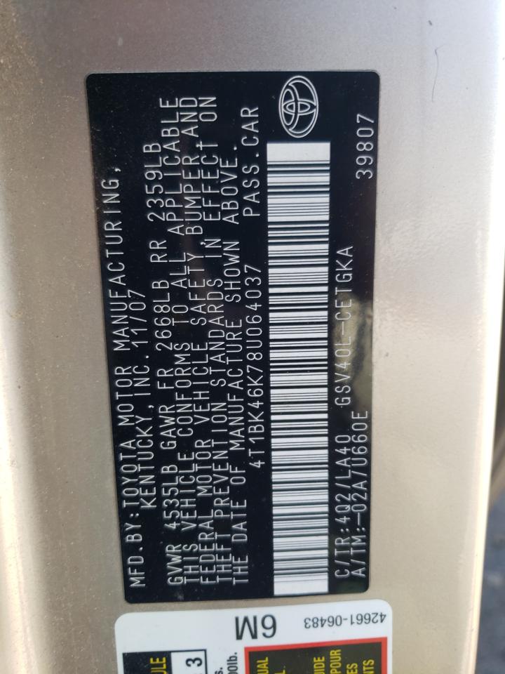 4T1BK46K78U064037 2008 Toyota Camry Le