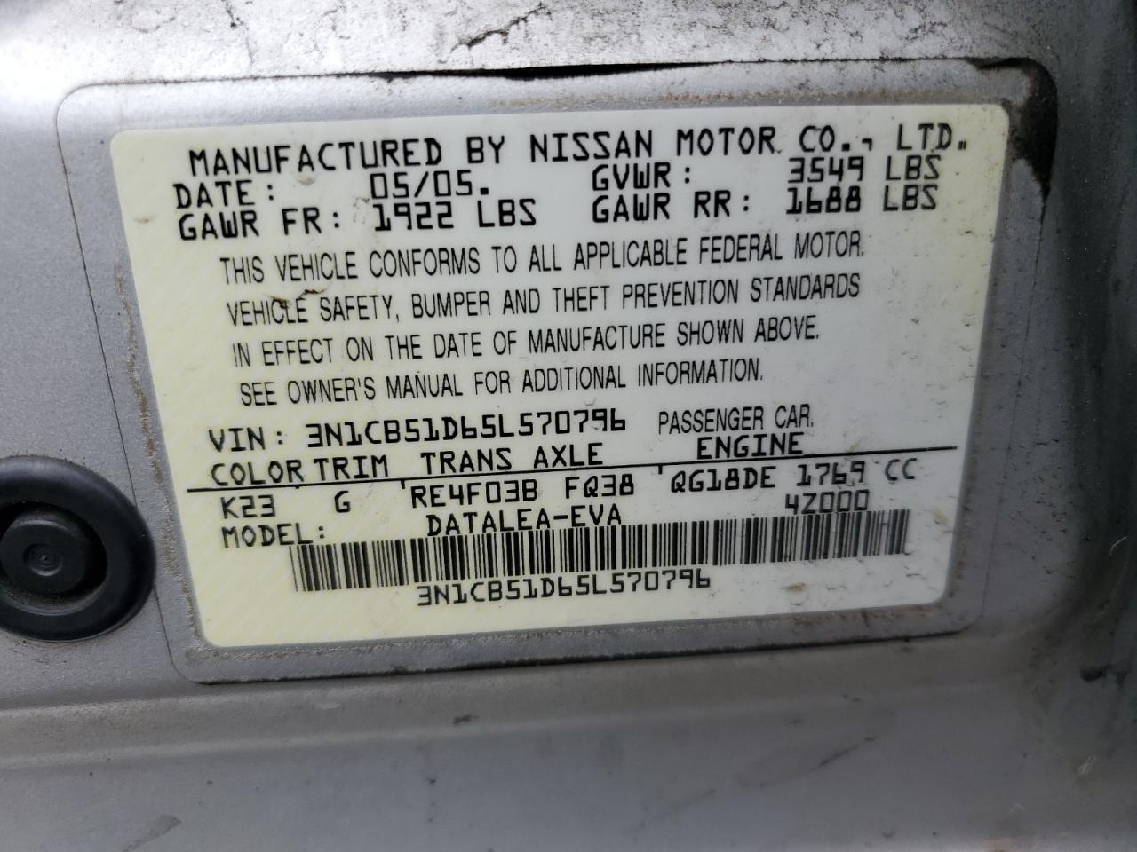 2005 Nissan Sentra 1.8 VIN: 3N1CB51D65L570796 Lot: 61051325