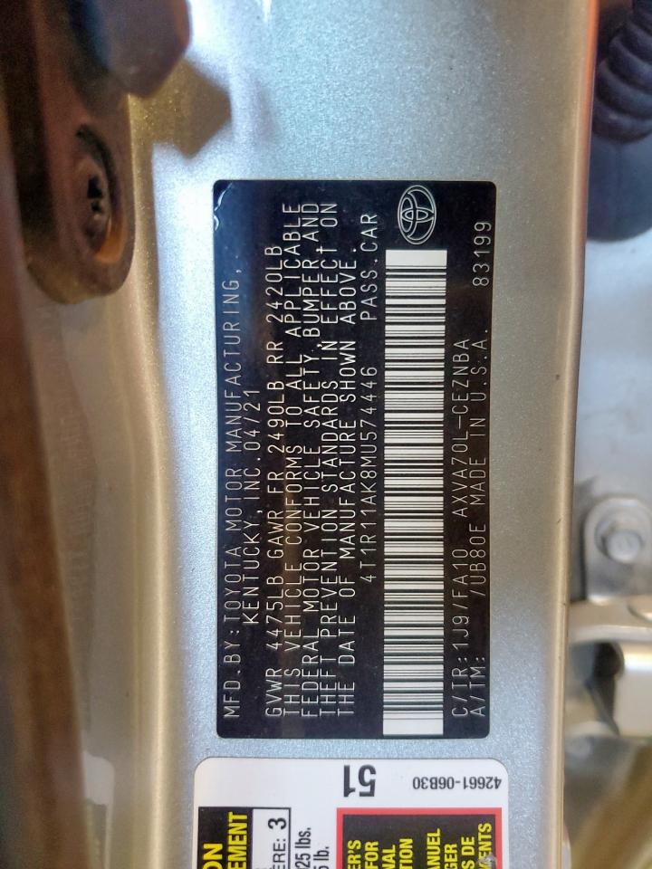 2021 Toyota Camry Le VIN: 4T1R11AK8MU574446 Lot: 59252645