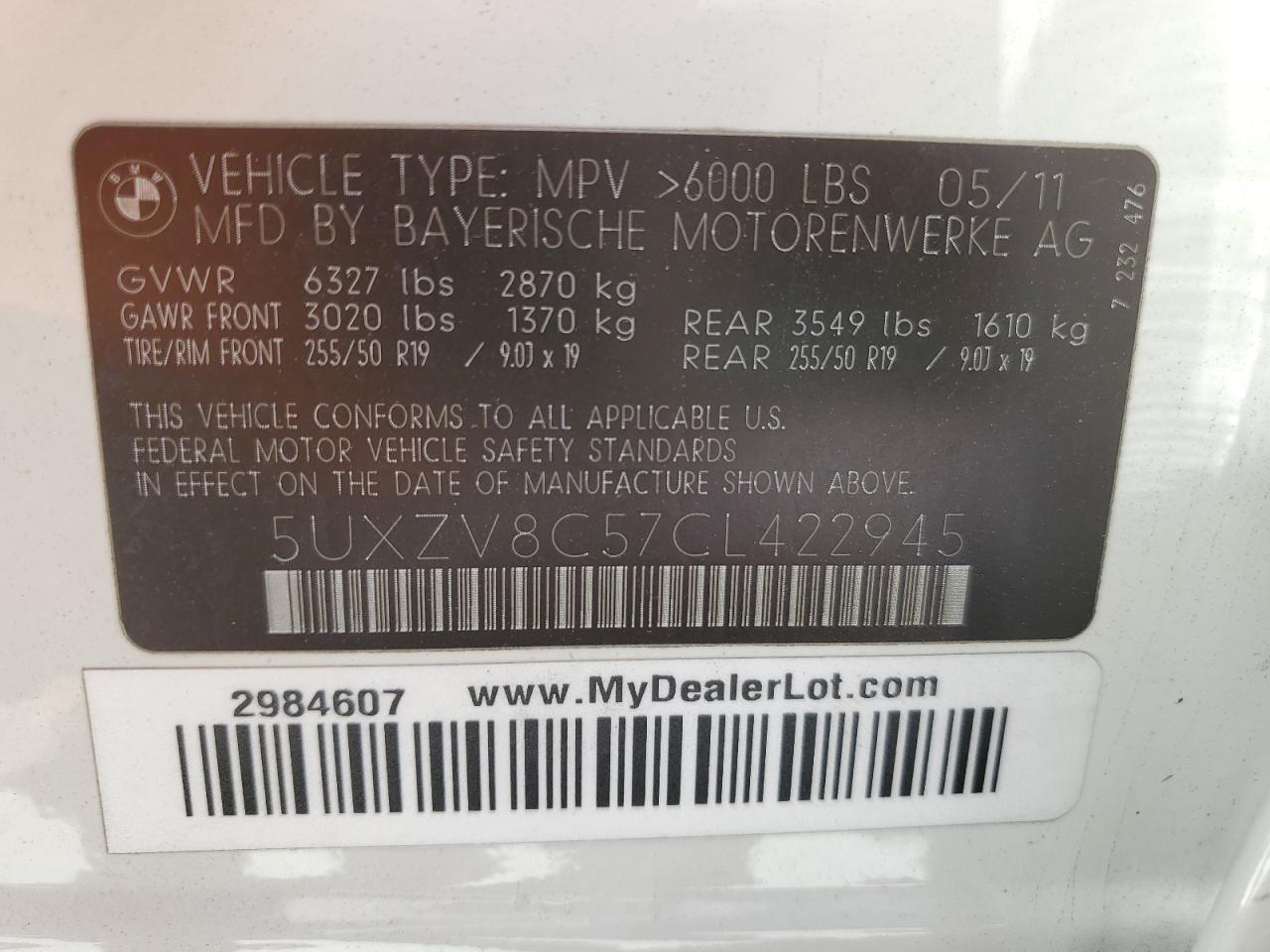 2012 BMW X5 xDrive50I VIN: 5UXZV8C57CL422945 Lot: 58448015