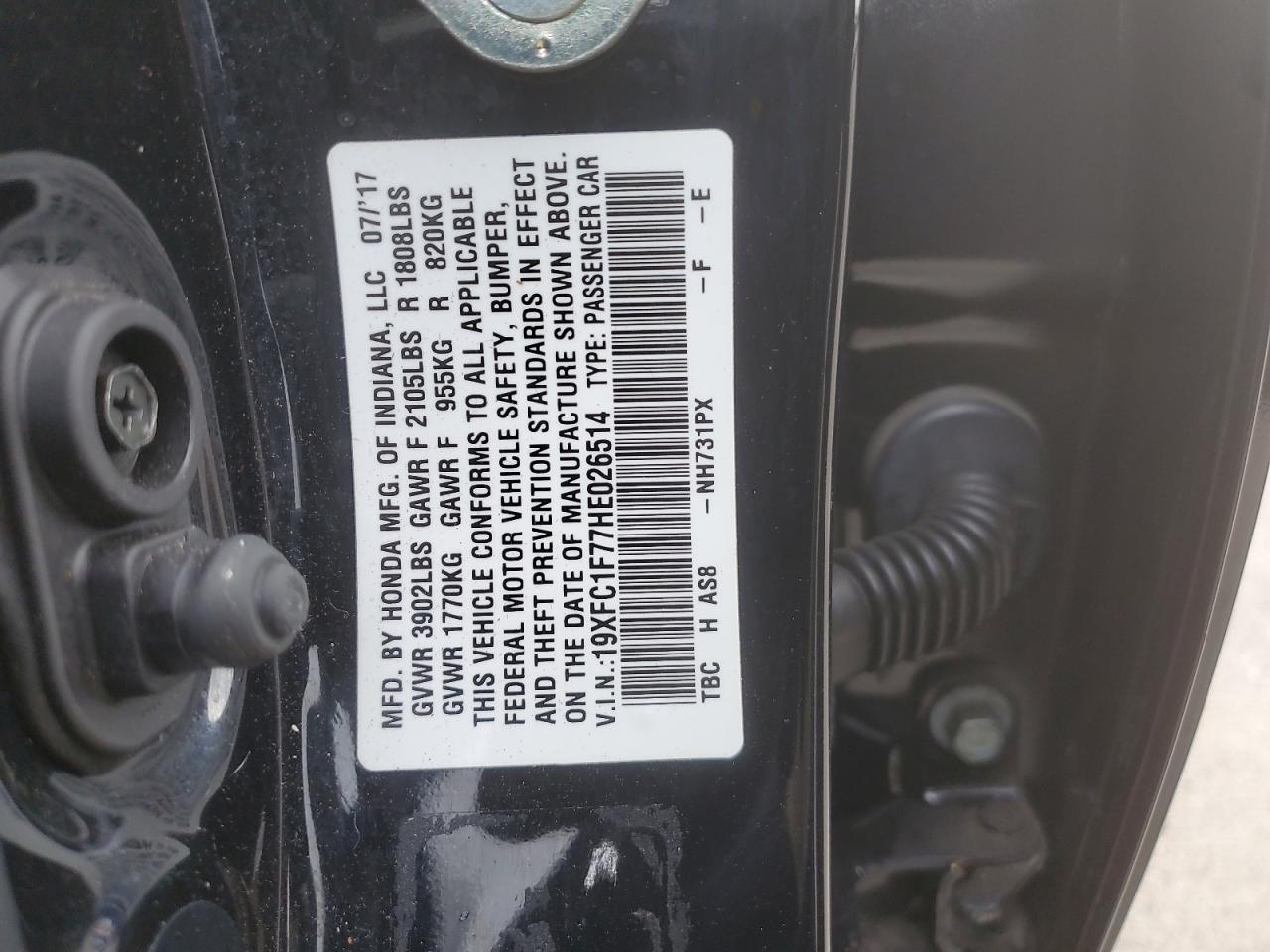 2017 Honda Civic Exl VIN: 19XFC1F77HE026514 Lot: 61487535