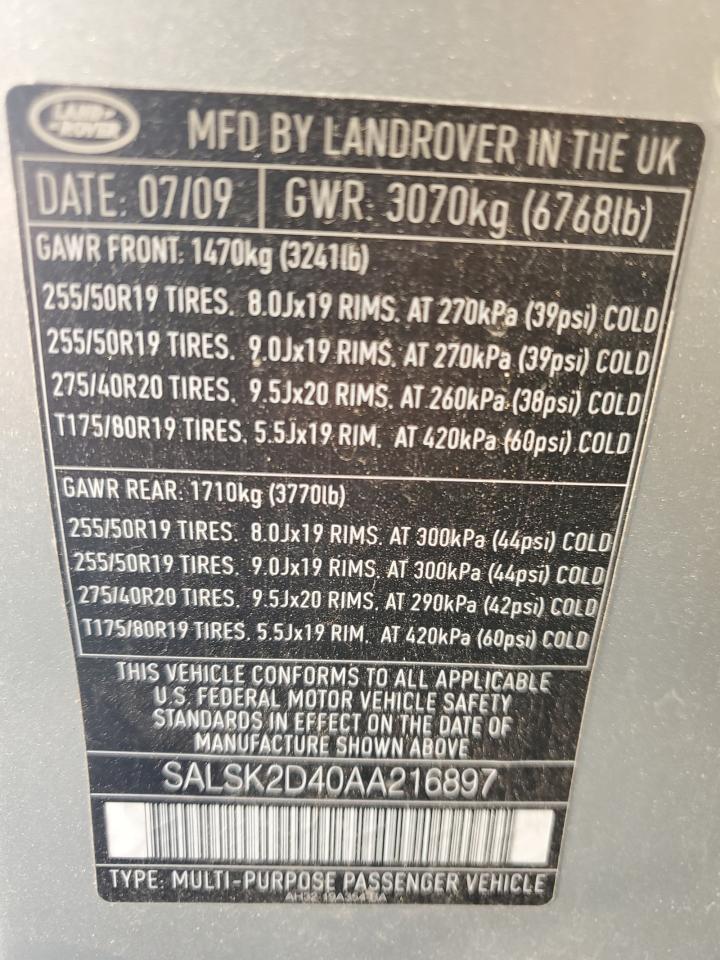 2010 Land Rover Range Rover Sport Lux VIN: SALSK2D40AA216897 Lot: 61904275