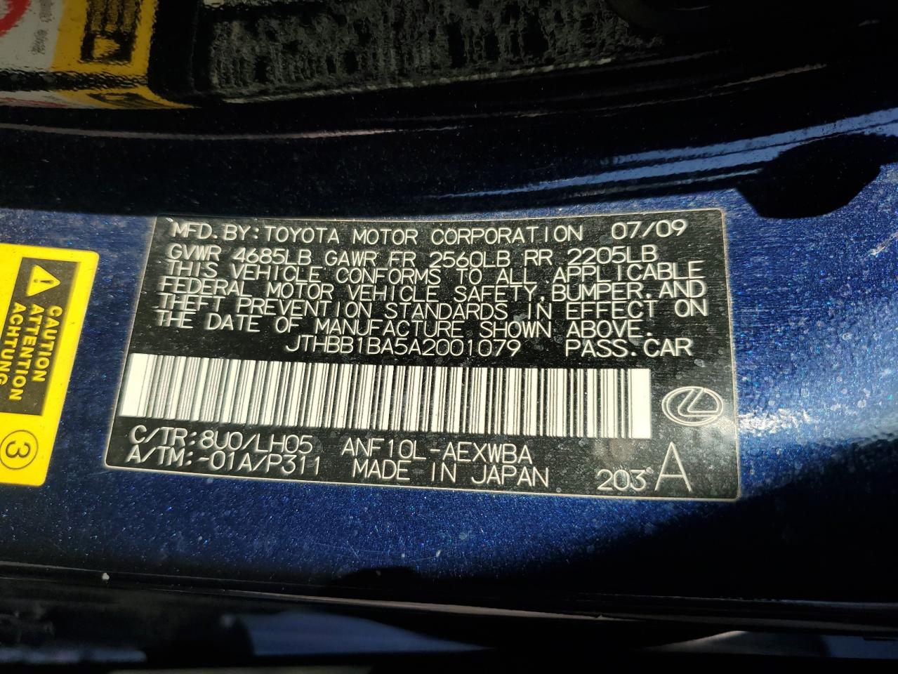 2010 Lexus Hs 250H VIN: JTHBB1BA5A2001079 Lot: 62632355