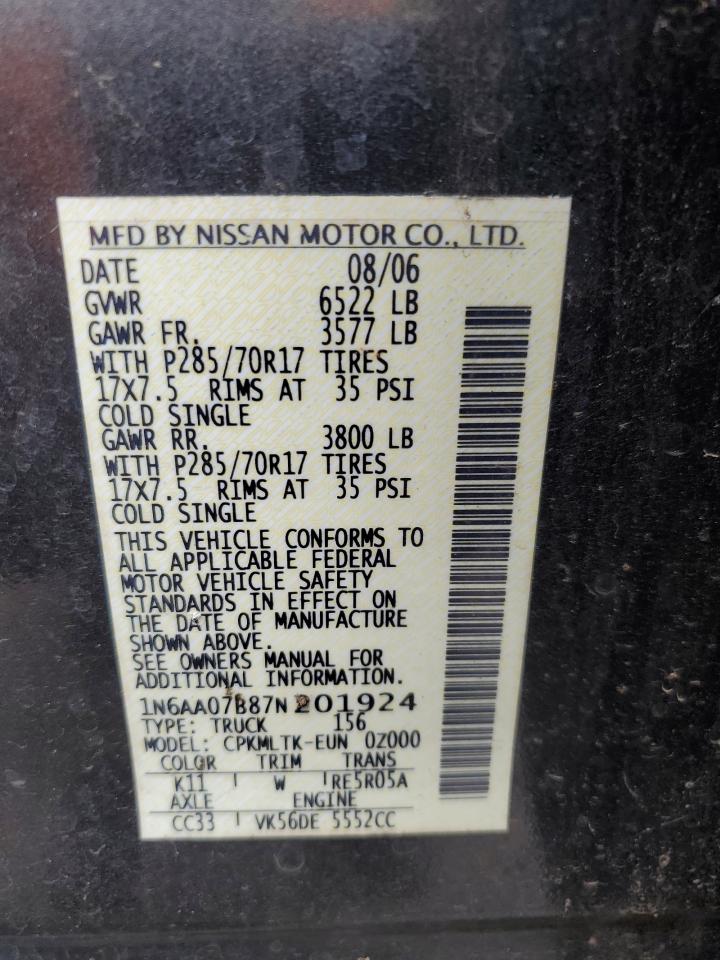 2007 Nissan Titan Xe VIN: 1N6AA07B87N201924 Lot: 60361425