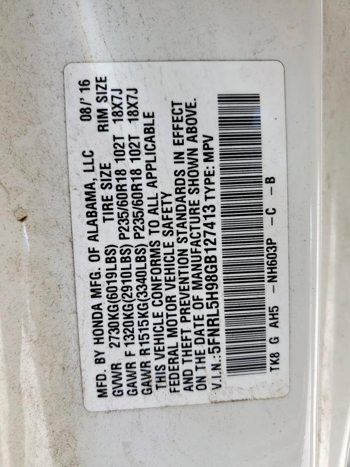 2016 Honda Odyssey Touring VIN: 5FNRL5H98GB127413 Lot: 62786945