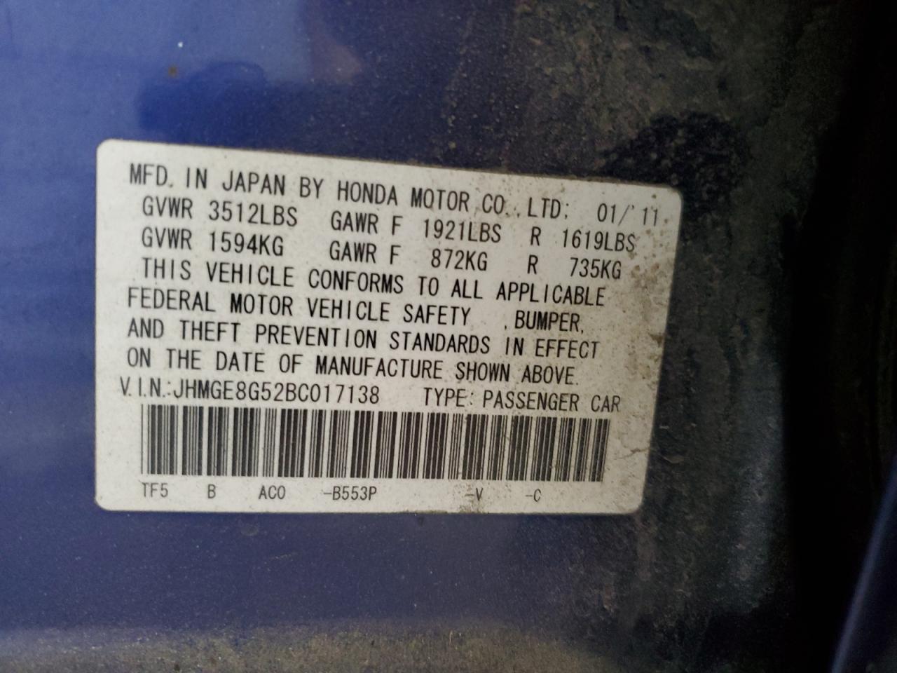 2011 Honda Fit Sport VIN: JHMGE8G52BC017138 Lot: 62293635
