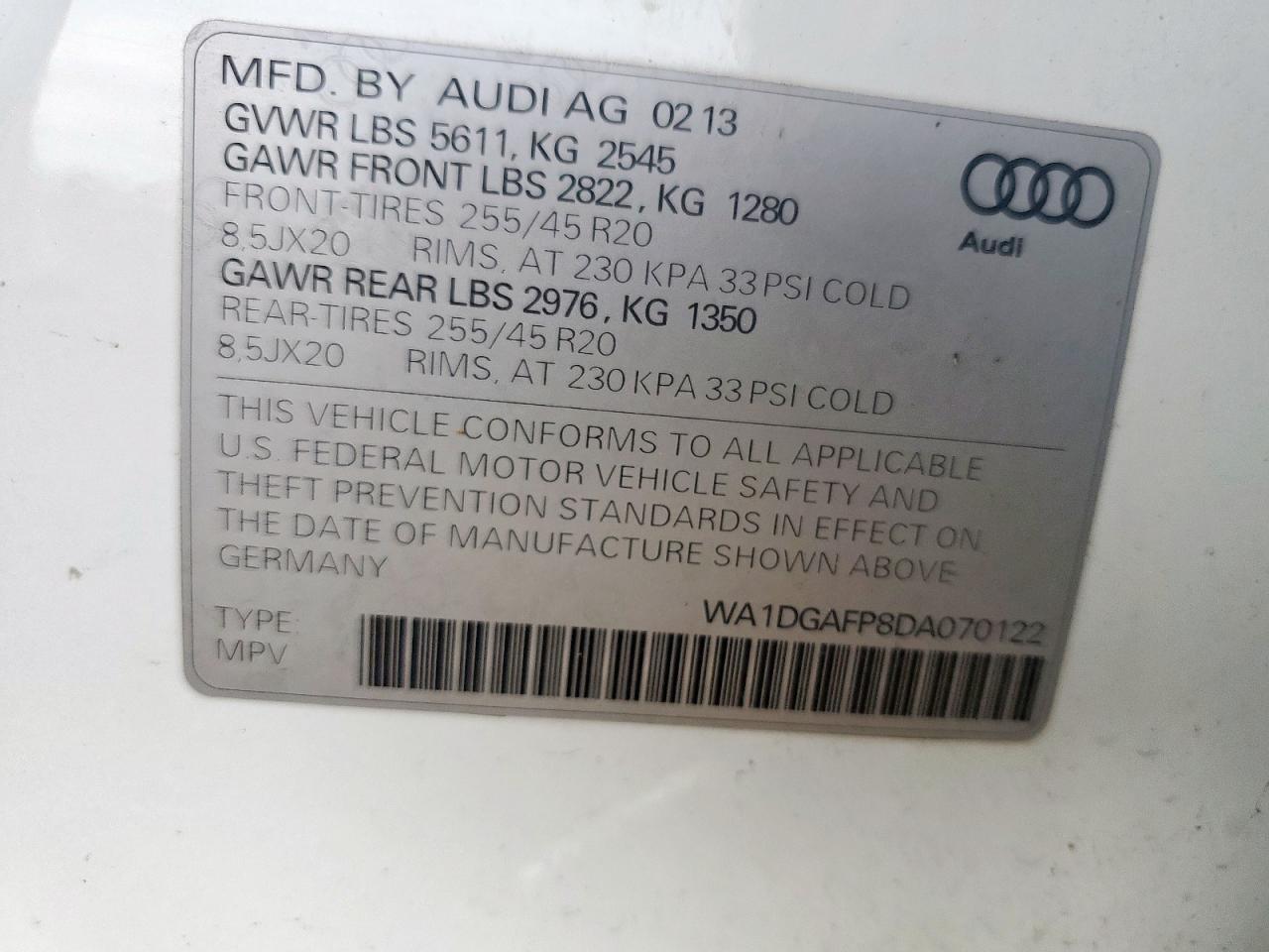 2013 Audi Q5 Premium Plus VIN: WA1DGAFP8DA070122 Lot: 61996815