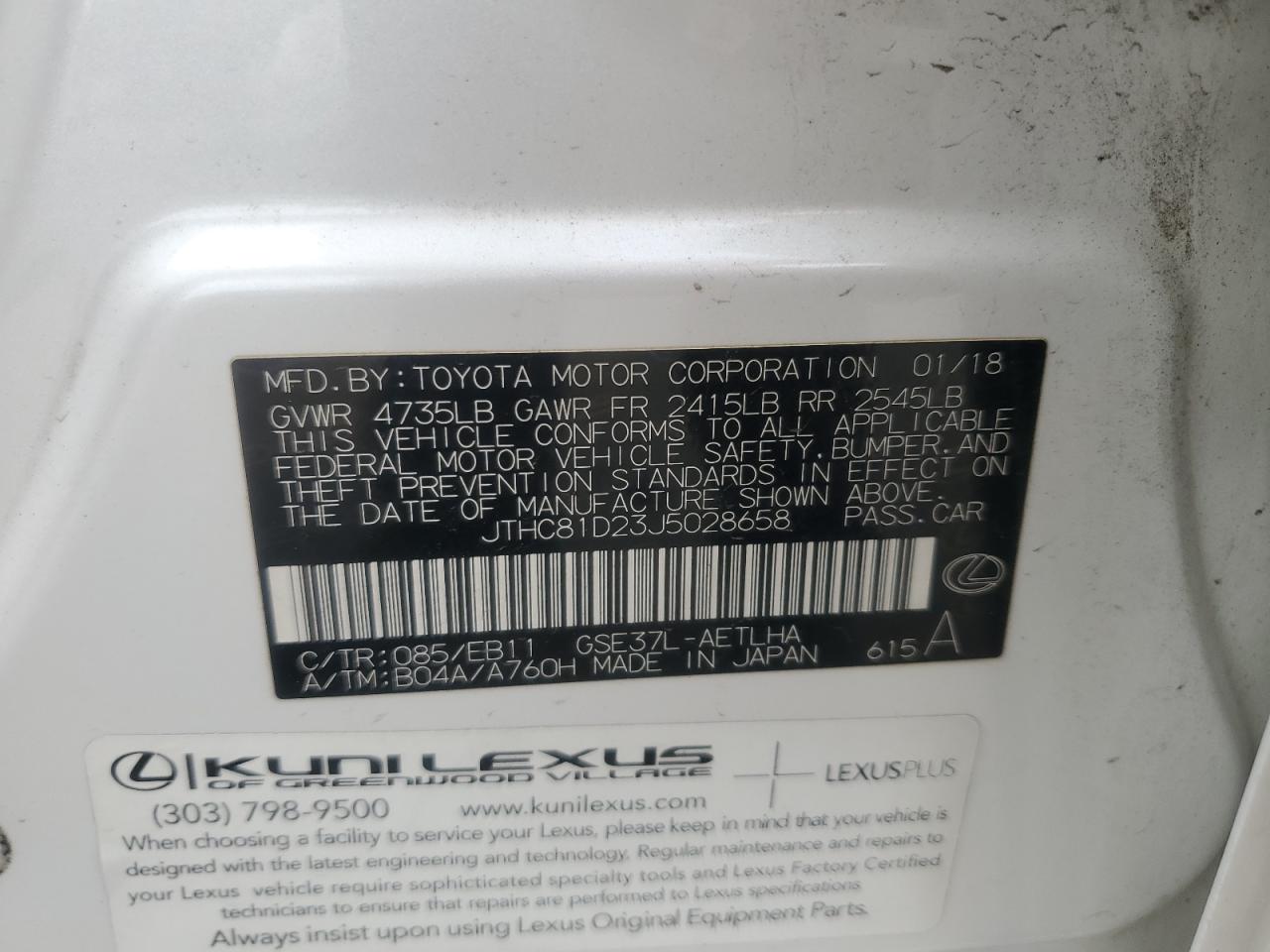 2018 Lexus Is 300 VIN: JTHC81D23J5028658 Lot: 61391055