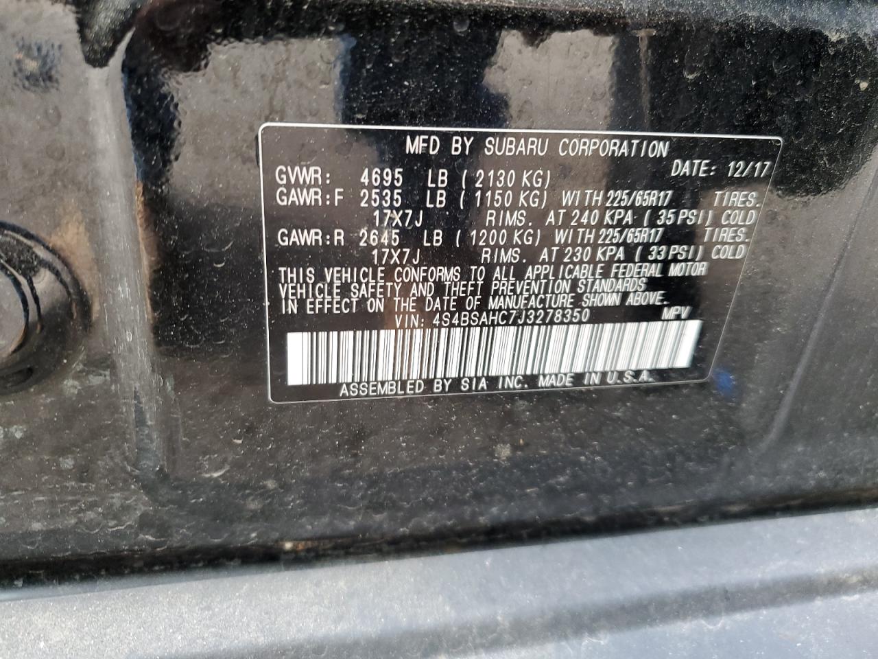 2018 Subaru Outback 2.5I Premium VIN: 4S4BSAHC7J3278350 Lot: 62342925