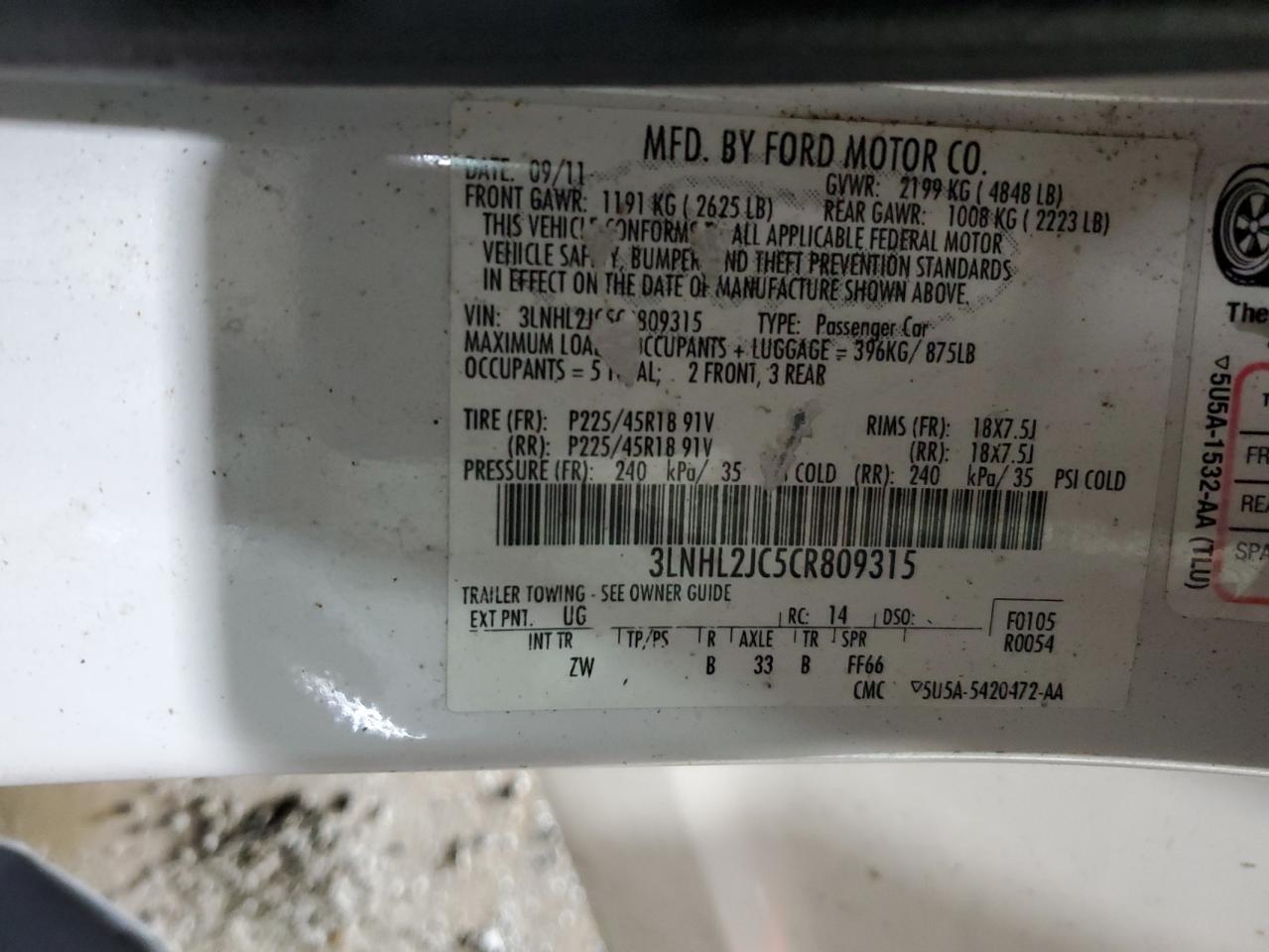 2012 Lincoln Mkz VIN: 3LNHL2JC5CR809315 Lot: 60705835