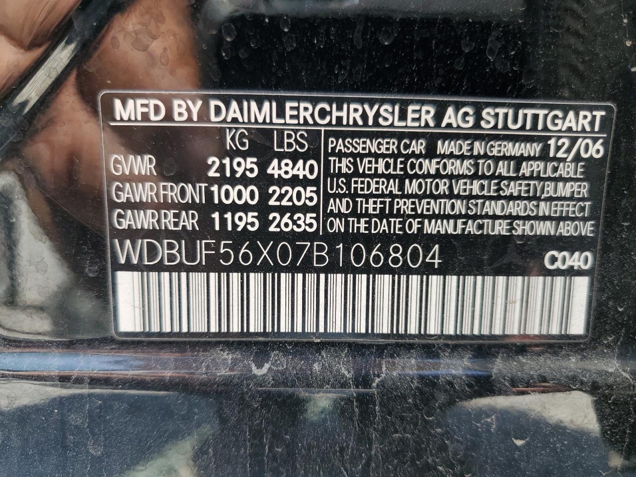 2007 Mercedes-Benz E 350 VIN: WDBUF56X07B106804 Lot: 61861375