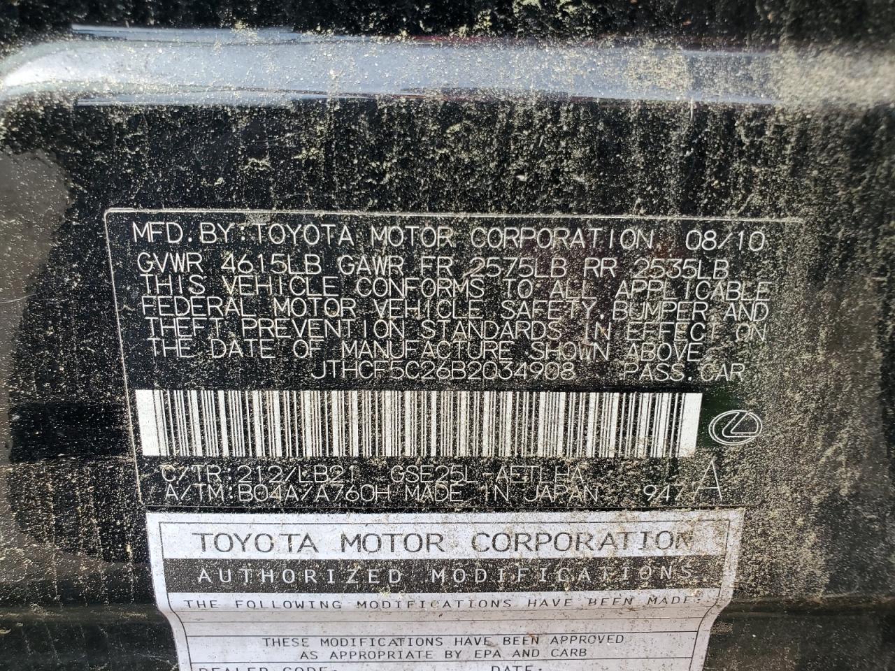 2011 Lexus Is 250 VIN: JTHCF5C26B2034908 Lot: 59978275