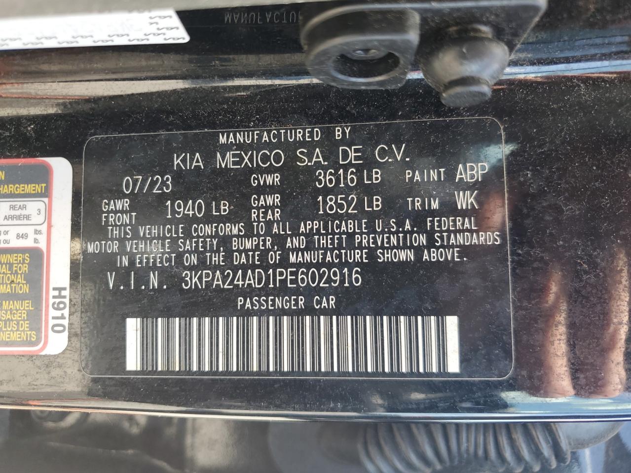 2023 Kia Rio Lx VIN: 3KPA24AD1PE602916 Lot: 60683315