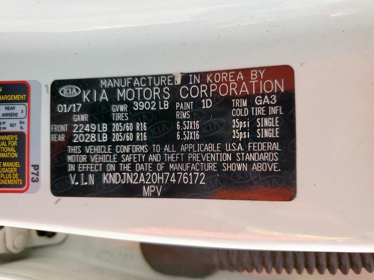 KIA SOUL 2017 VIN KNDJN2A20H7476172 photo 14