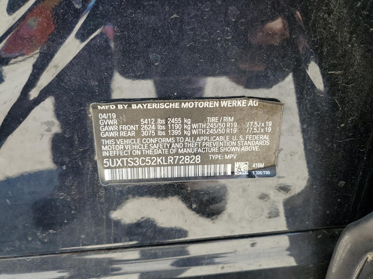2019 BMW X3 xDrivem40I VIN: 5UXTS3C52KLR72828 Lot: 61712055