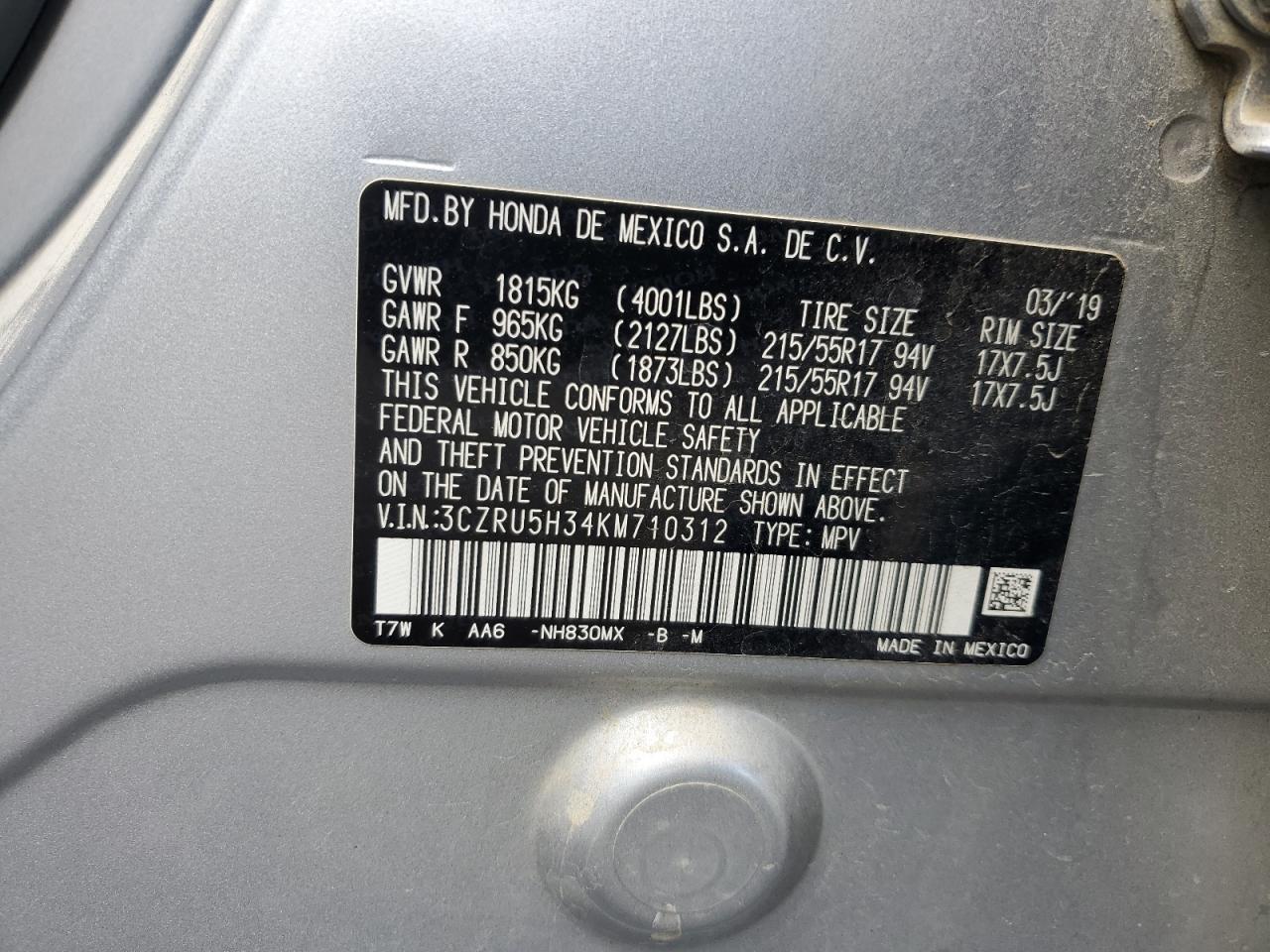 3CZRU5H34KM710312 HONDA HR-V 2019