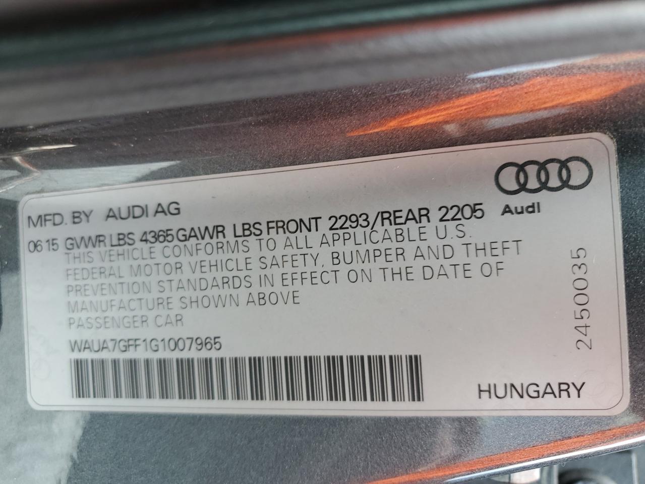 2016 Audi A3 Premium VIN: WAUA7GFF1G1007965 Lot: 62379555